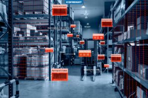 Smart warehouse management system using augmented reality technology to identify package picking and delivery . Future concept of supply chain and logistic business .